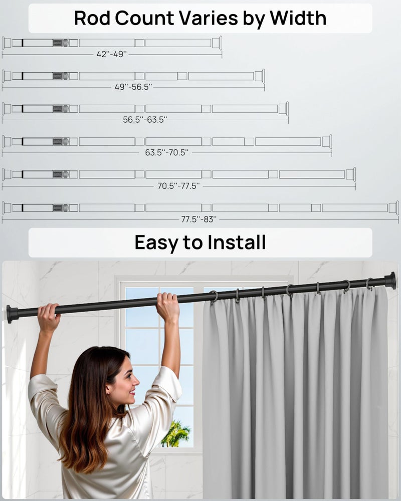 ALLZONE قضيب ستارة دش متين من ALLZONE قابل للتعديل 42-83 بوصة للحمام، نافذة، غير قابل للانزلاق، مع عمود نابض قوي لخزانة الملابس، مدخل، بدون صدأ، بدون حفر، أسود - Image 2